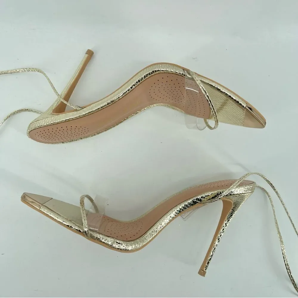 Azalea Wang Gold Clear Strap Lace Up Stiletto Heels Embossed Wrap Sandals 8.5